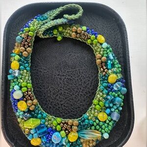 Artisan Crocheted Beaded Necklace - Green Blue OOAK Germany | Fiber Art Collar